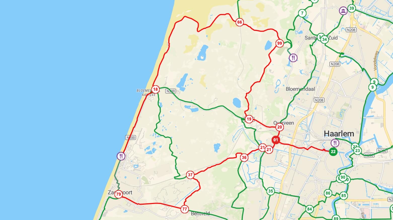 Map "cycling-nodes" between Haarlem and Zandwoort