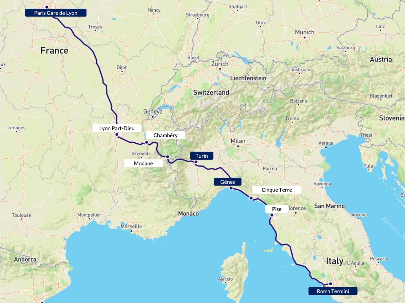 Paris to Rome by train with stops in Turin and Genoa.
