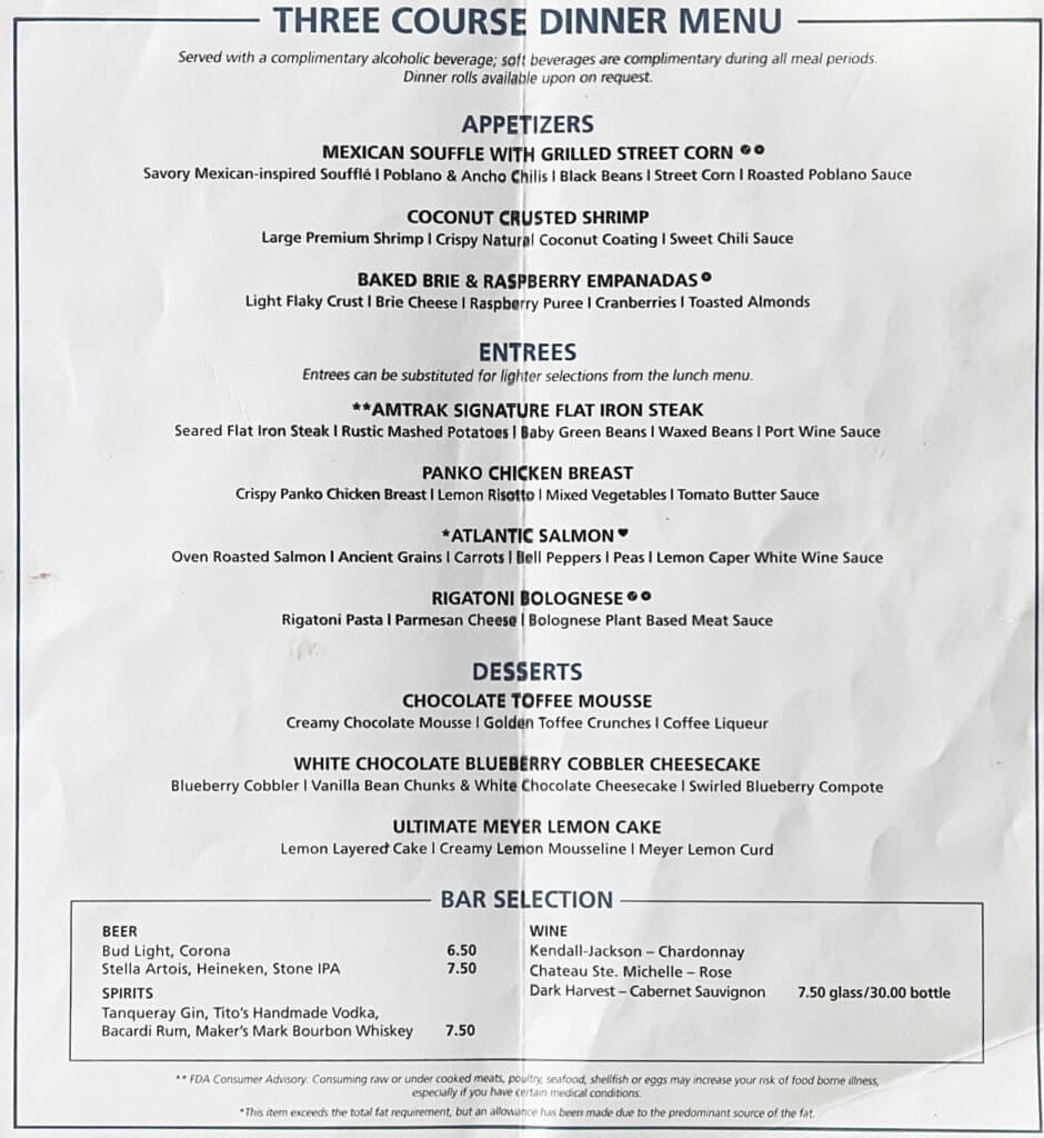 Menu 3 plats Amtrak