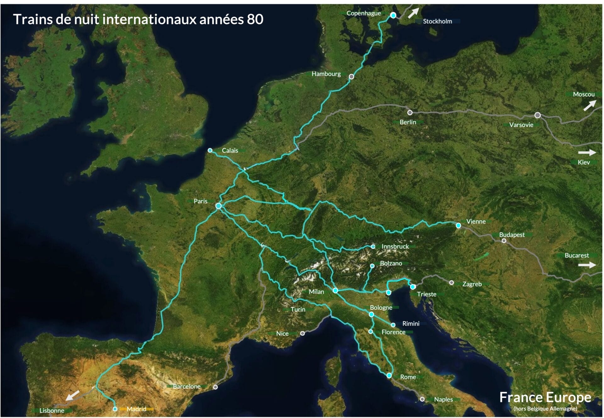 Carte trains de nuit internationaux années 80